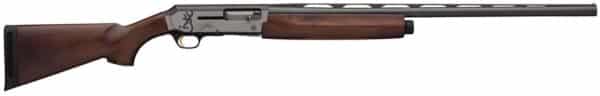 Browning shotgun with wooden stock and black barrel.