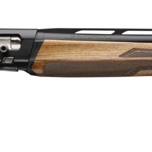 Wooden-stocked shotgun with black barrel and action.