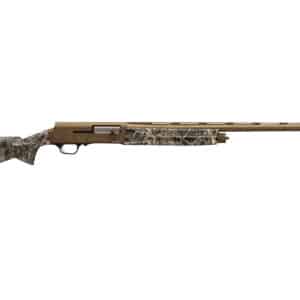 Camo-designed hunting shotgun on white background.