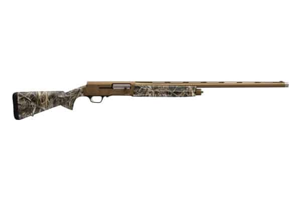 Camo-designed hunting shotgun on white background.