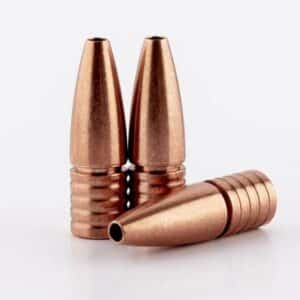 Close-up of three copper bullets.