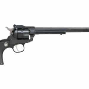 Black revolver with long barrel, side view.