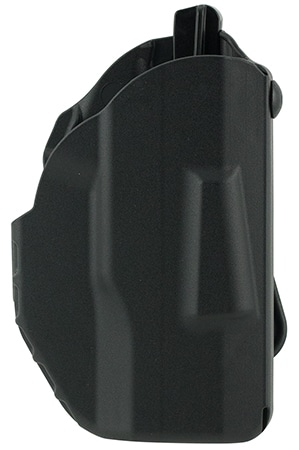 Black gun holster, side view, left side close-up.