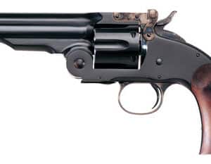 Antique revolver with wooden grip and dark barrel.