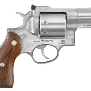 Stainless steel Ruger Redhawk revolver with wooden grip.