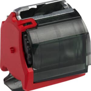 Red and black printer toner cartridge close-up