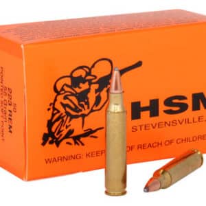 HSM orange ammunition box with two bullets shown