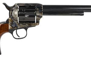 Vintage revolver with wooden handle and long barrel.