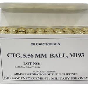 Box of 5.56mm M193 military cartridges.