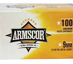 9mm Armscor pistol cartridges box with bullet