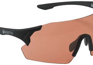 Orange-tinted Beretta shooting glasses with black frame.