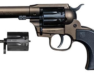 Black revolver handgun with ammunition cylinder
