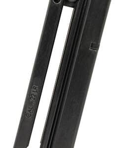 Black firearm magazine, staggered-round design, plastic construction.