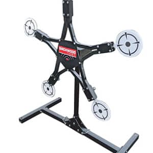 Rotating steel shooting target stand with five plates.