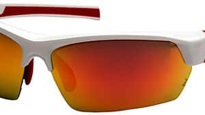 Red and white sports sunglasses with orange lenses.
