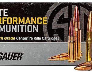 SIG Sauer rifle ammunition box and cartridges