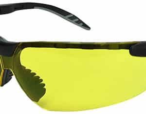 Yellow safety glasses with black frames.