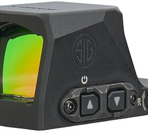 Tactical reflex sight with illuminated reticle and controls.