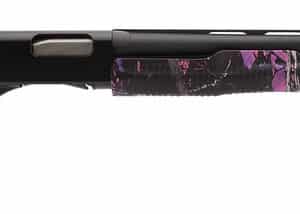 Colorful camo shotgun side view with pink pattern.
