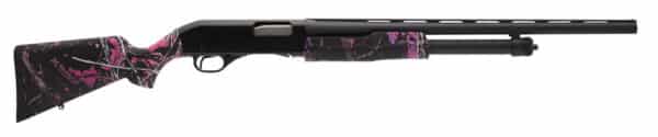 Colorful camo shotgun side view with pink pattern.