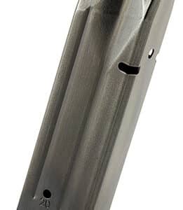 Pistol magazine for 9mm handgun, steel construction.