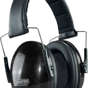 Black noise-canceling ear muffs for hearing protection.