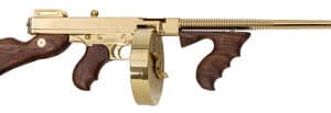 Gold-plated Tommy gun with wooden handle.