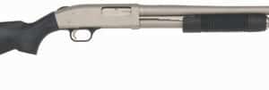 Silver and black pump-action shotgun