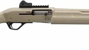 Tan shotgun side view with tactical rail