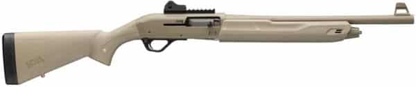 Tan shotgun side view with tactical rail