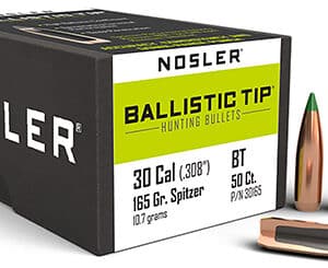 Nosler Ballistic Tip hunting bullets packaging and bullets.