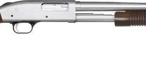 Wood stock pump-action shotgun side view