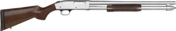 Wood stock pump-action shotgun side view