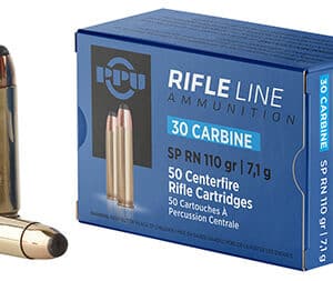 Box of .30 Carbine rifle ammunition, 50 cartridges.