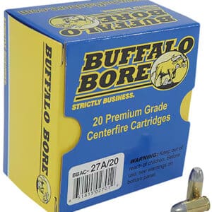 Buffalo Bore ammunition box with cartridges.
