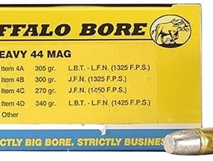Buffalo Bore Heavy 44 Mag ammunition box and bullets.