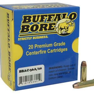 Buffalo Bore ammo box, two bullets displayed.