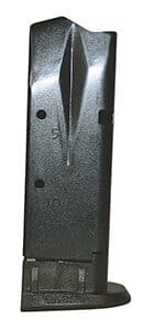 Black firearm magazine, isolated, vertical orientation.