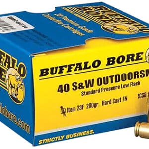 Buffalo Bore 40 S&W ammunition box and bullets.