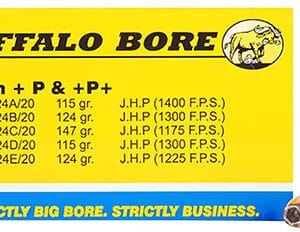 Buffalo Bore 9mm ammunition packaging and bullet display.