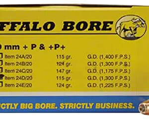 Buffalo Bore 9mm ammunition box and bullet