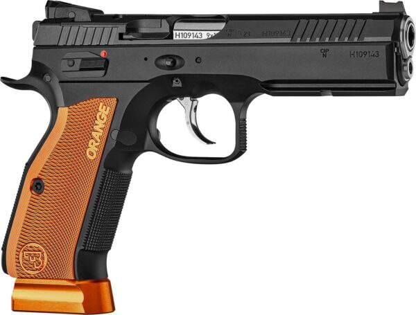 Black and orange handgun, side view.