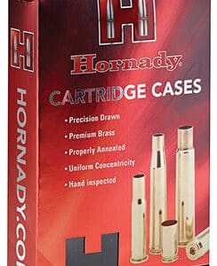 Hornady cartridge cases packaging with brass cases displayed.