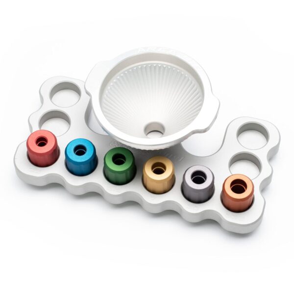 Colorful funnel adapter set with multiple ring sizes.