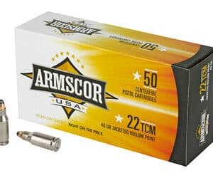 Armscor USA 22 TCM ammunition box and cartridges.