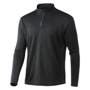 Dark gray quarter-zip pullover shirt on display.