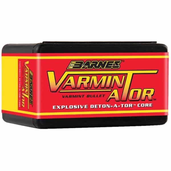 Barnes Varmintator bullet packaging, red and yellow design.