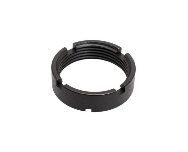 Black metal threaded ring or nut.