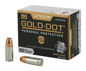 Speer Gold Dot 9mm ammunition box with bullets.