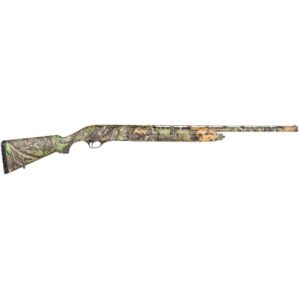 Camouflage-patterned hunting rifle, side view.